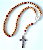 Petit chapelet artisanal de la Vierge Marie en bois d'olivier, croix rouge