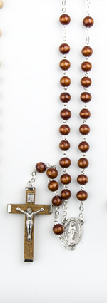 Chapelet perles rondes en bois sur chaîne