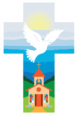 Croix colombe et église bleue. 000817