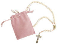Chapelet artisanal blanc avec sa pochette rose