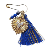 Broche petit coeur strass H5 Perles lapis-lazulis et pompon bleu - Les joyaux...