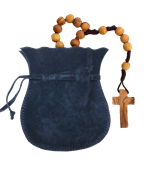 Chapelet de Bethléem en bois d'Olivier - 35 cm avec une bourse suédine bleue