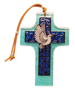 Croix en verre 8x12cm- COLOMBE + CROIX-VITRAIL bleue