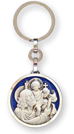 Porte-clés Saint Christophe sur fond bleu - Métal argenté - 29 mm