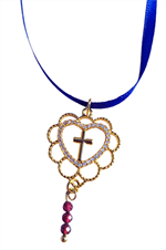 Collier Pendentif (H1) Perles Grenat, ruban bleu - Les Joyaux de Ste Hildegarde