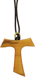 Croix de Tau en bois d'olivier sur cordon marron