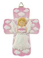 Croix en résine Ange Baptême - Rose