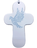 Croix à suspendre en bois avec colombe imprimée bleue