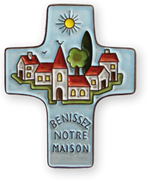 Céramique Croix "Bénissez notre maison" fond bleu