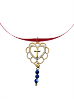 Collier Pendentif H3 Perles Lapis-Lazulis, ruban rouge - Les Joyaux...Hildegarde