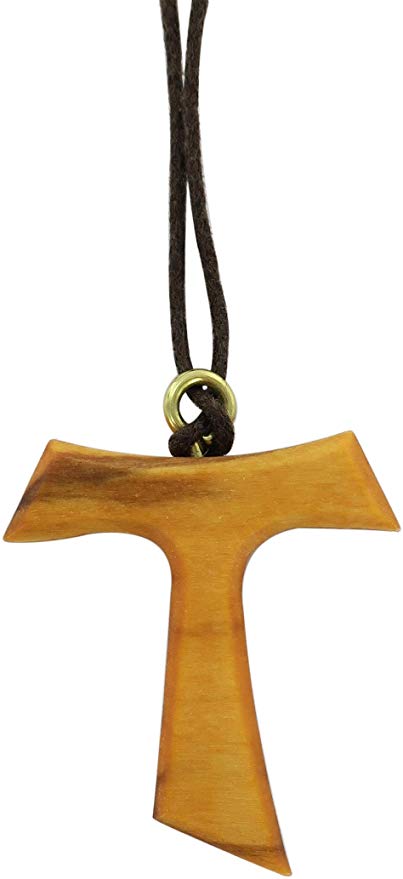 Croix Tau En Bois D'Olivier Sur Cordon - Pendentif Communion/Baptême 33 Mm